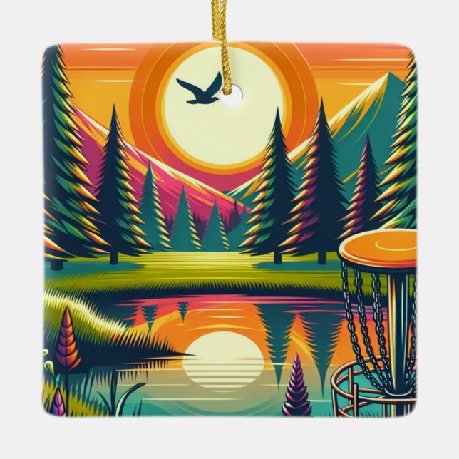 Disk Golf Sunset und Bäume Merry Disk-Mas Keramikornament (Vorderseite)