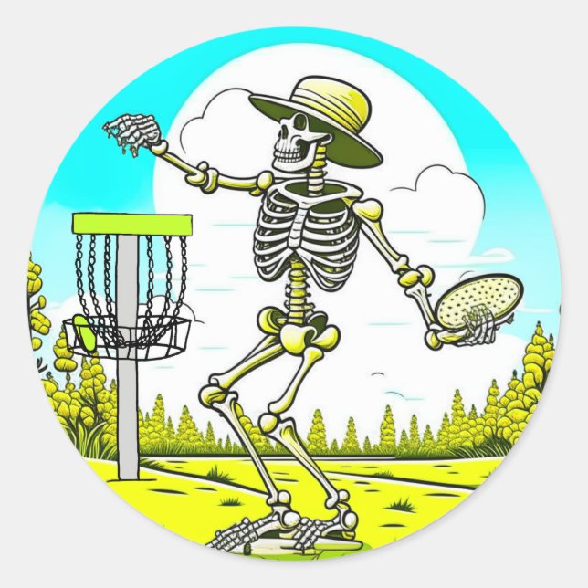 Disk Golfing Skeleton in Hat Retro Runder Aufkleber (Vorderseite)