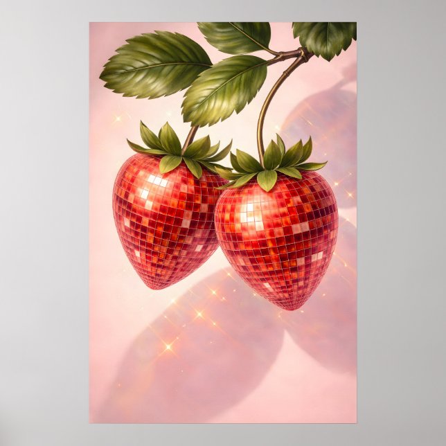 Disko-Erdbeerdruck, Retro-Diskokugel-Frucht Poster (Vorne)