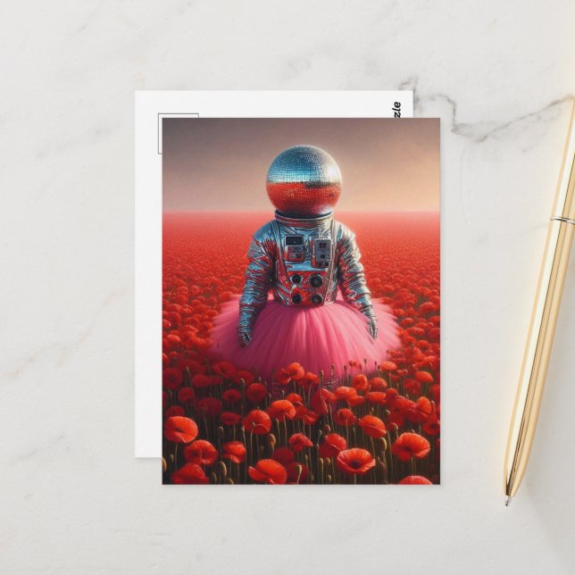 Diskoastronaut auf einem Mohnfeld Postkarte (Vorderseite/Rückseite Beispiel)