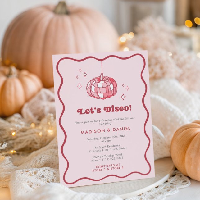 Diskothek Ball Pumpkin Cherry Pink Polterabend Einladung (Pink Disco Ball Pumpkin co-ed wedding shower invitation with trendy wavy squiggle border)