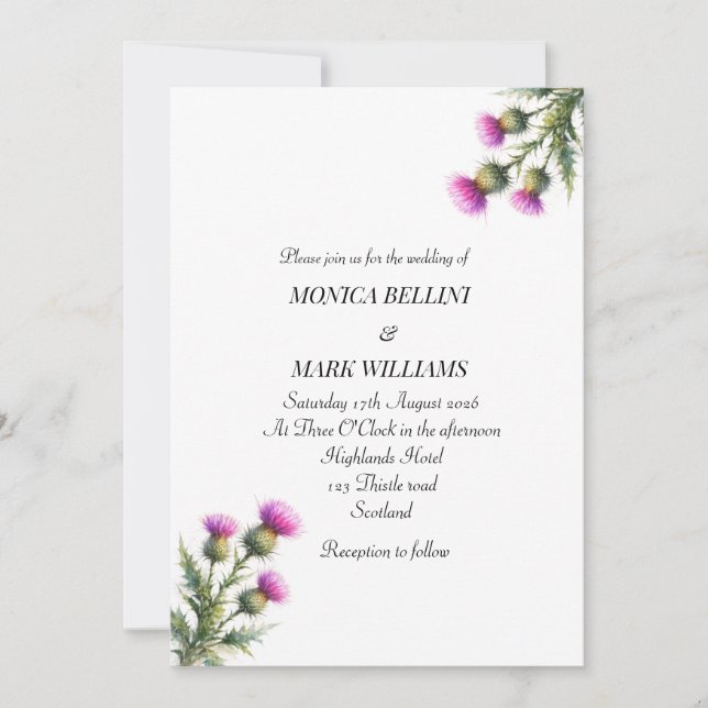 Distel Lila Blumig Schottisch Minimalistisch Hochz Einladung (Vorderseite)