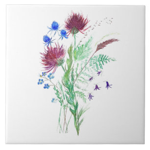 Distelblüten Vintage-Aquarell Schottland Fliese