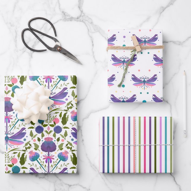 Disteln, Libellen und Streifen Geschenkpapier Set (Vorderseite)