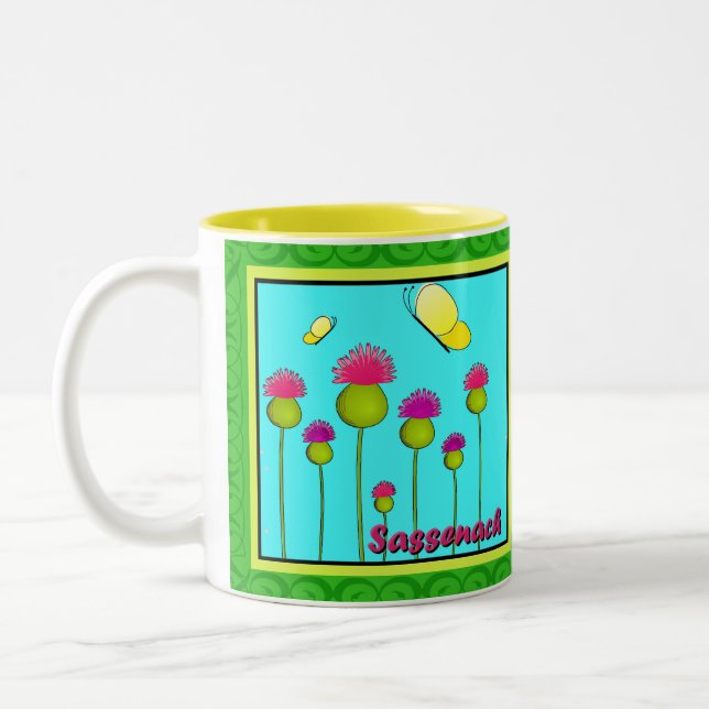Disteln, Schmetterlinge und Sassenach Zweifarbige Tasse (Links)