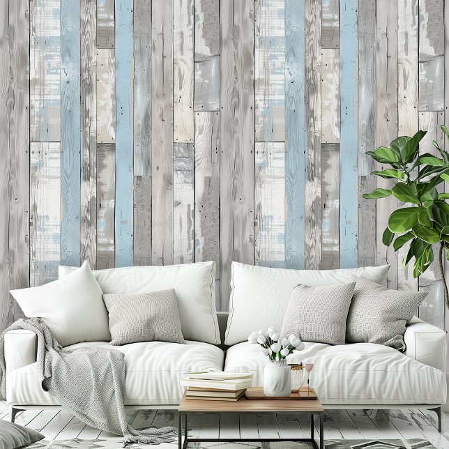 Distress Beachwood Ver Blue Gray Muster Room Tapete (Distress Beachwood Vertical Blue Gray Room Office Wallpaper)