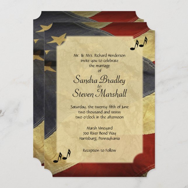 Distressed American Flag Music Wedding Invitations (Devant / Derrière)
