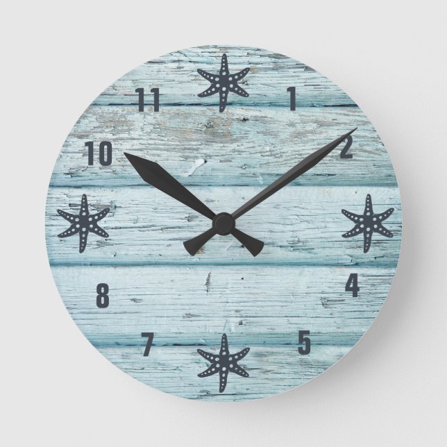Distressed Blue Beach Wood Starfish Runde Wanduhr (Vorderseite)