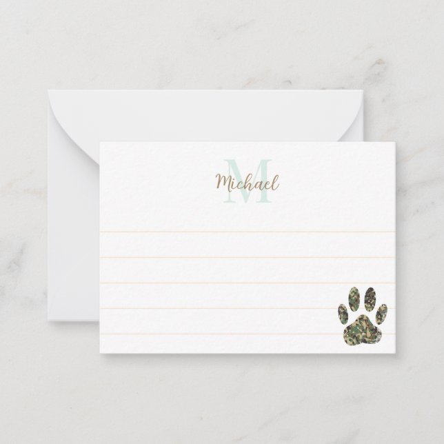 Distressed Camo Dog Paw Print Lined Monogram Mitteilungskarte (Vorderseite)
