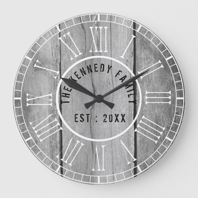 Distressed Gray Wood White Roman Numerals Country Große Wanduhr (Vorderseite)