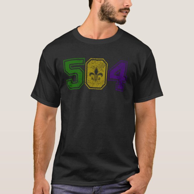 Distressed Mardi Gras Retro Fleur De Lis NOLA 504 T-Shirt (Vorderseite)