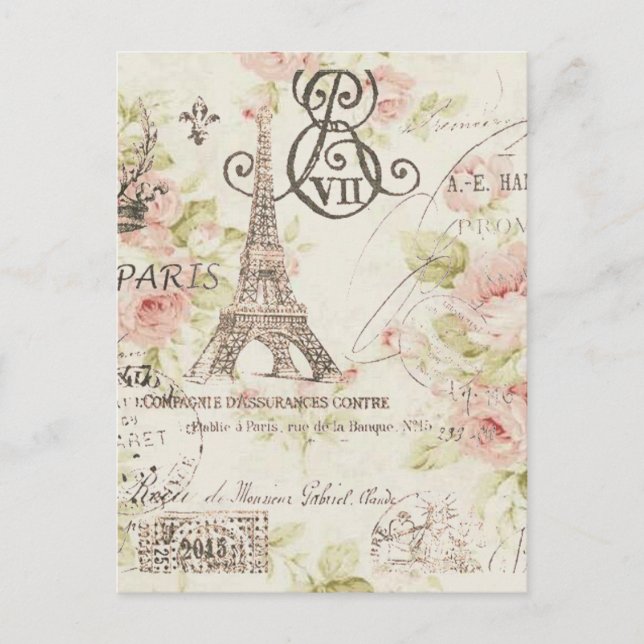 Distressed pink Floral Paris Eiffel Tower Postkarte (Vorderseite)