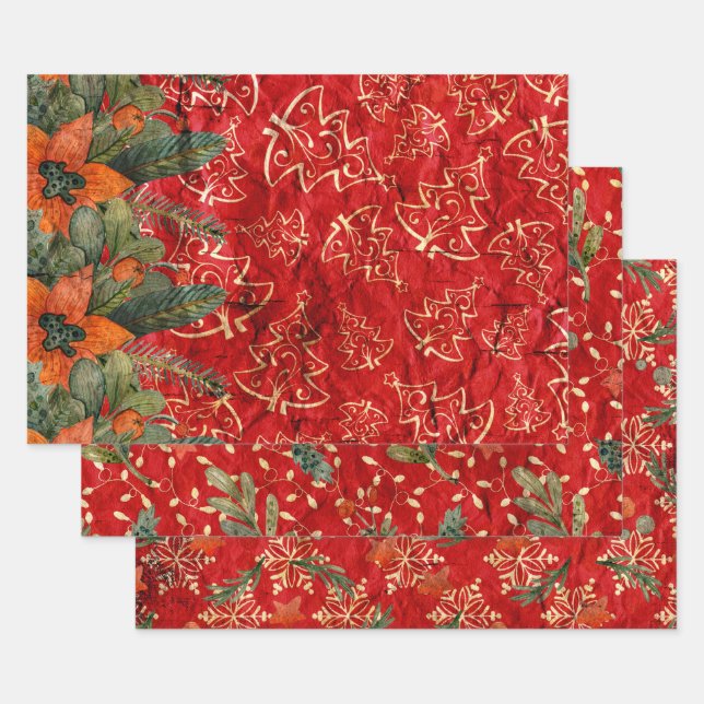 DISTRESSEED RED CHRISTMAS HOLIDAY GREENERY GESCHENKPAPIER SET (Set)