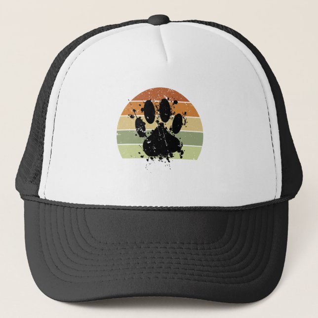 Distressive Paint Spatter Dog Paw Print Retro Suns Truckerkappe (Vorderseite)