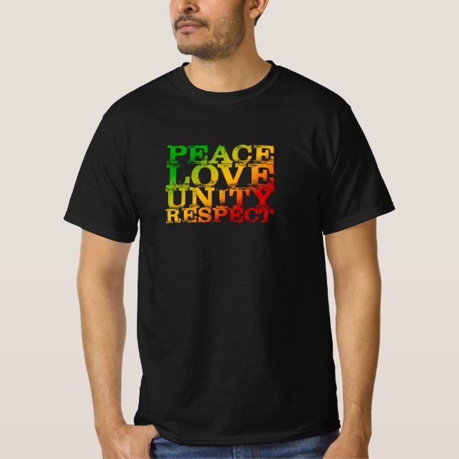 Distressive Peace Liebe Unity Respect Rasta Reggae T-Shirt (Vorderseite)