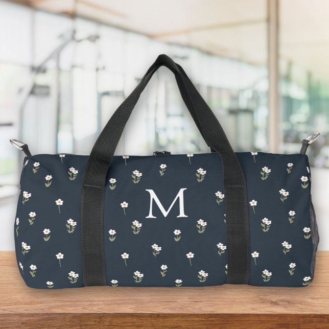 Ditsy-Blumen-Boho-Wildblume-Dunkelblau-Monogramm Duffle Bag (Von Creator hochgeladen)