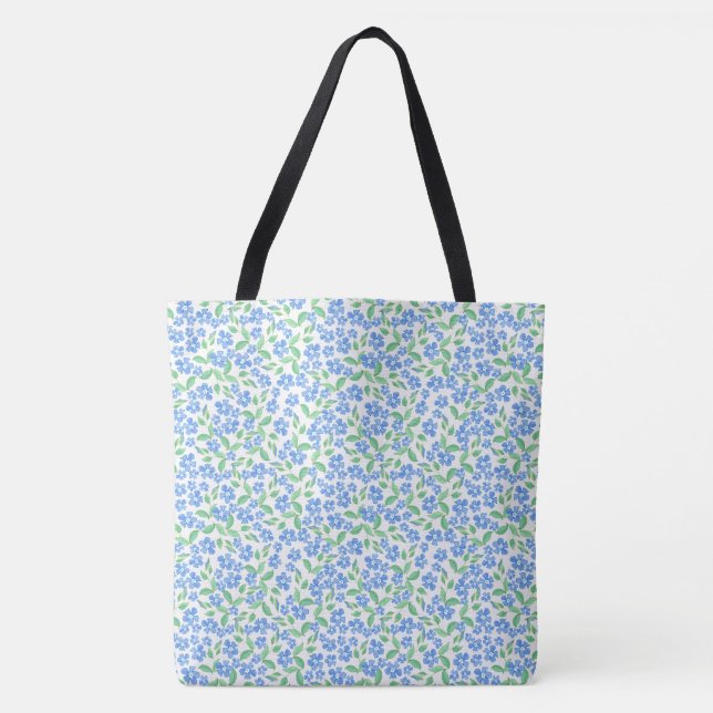 Ditsy Bright Blue Periwinkles auf weißer Blüte Tasche (Vorderseite)