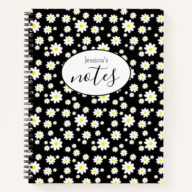 Ditsy Daisy Blume Pattern Individuelle Name Black Notizbuch (Vorderseite)
