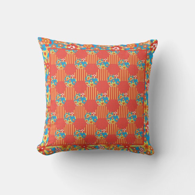 Ditsy Orange Blumenmuster, Streifen und Polkas Kissen (Vorderseite)