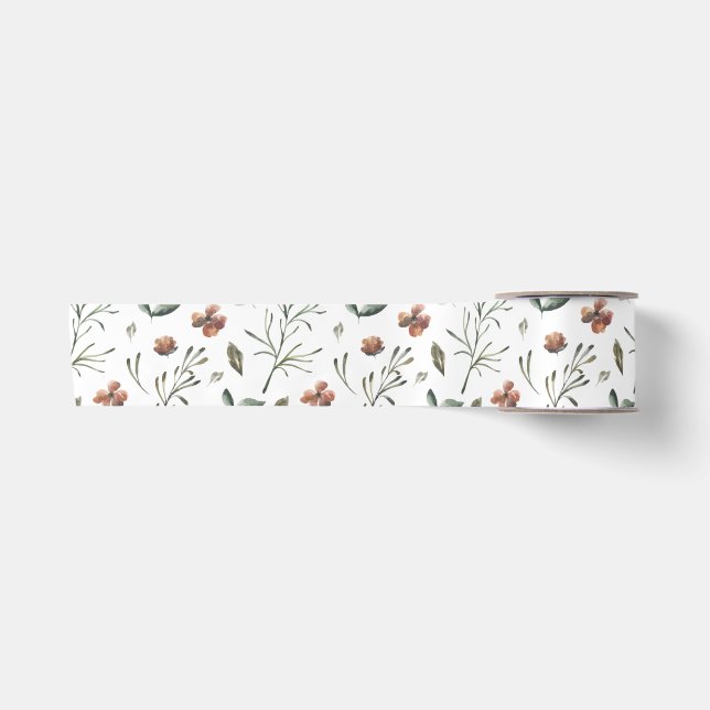 Ditsy Woodsy Sienna Brown und Rose Dogwood Floral Satinband (Vorderseite)