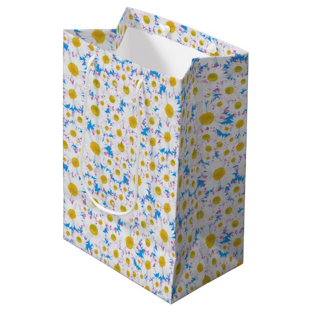 Ditzy Daisis auf Blue Custom Medium Geschenktasche Mittlere Geschenktüte (Vorderseite Schrägansicht)