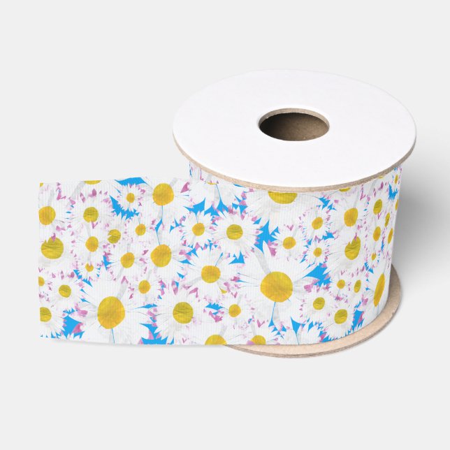 Ditzy White Daisies, Blue Custom Grosgrain Ribbon Ripsband (Spule)