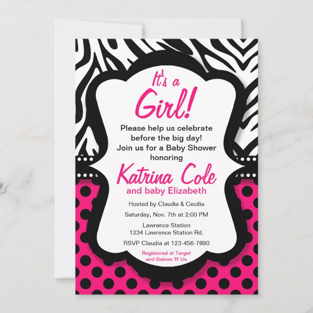 Diva Hot Pink Zebra Girl Kinderdusche Einladung (Vorderseite)