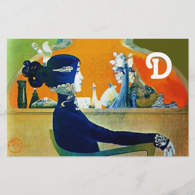 DIVA IN BLAU, SCHÖNHEIT FASHION MONOGRAMM BRIEFPAPIER (Vorderseite)