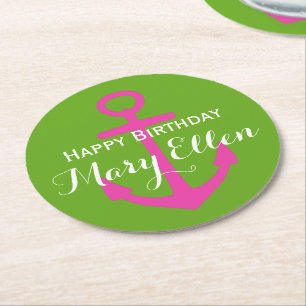 Diva Pink Anchor auf Green Apple Personalisiert Runder Pappuntersetzer