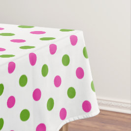 Diva-rosa und grüne Apple-Tupfen auf Weiß Tischdecke