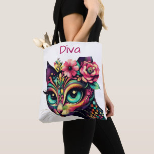 Diva Whimsical Big-Eye Cat Kitty Floral Tasche