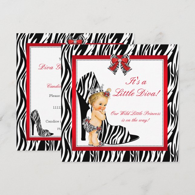 Diva Zebra Princess Girl Baby Showblonde Einladung (Vorne/Hinten)