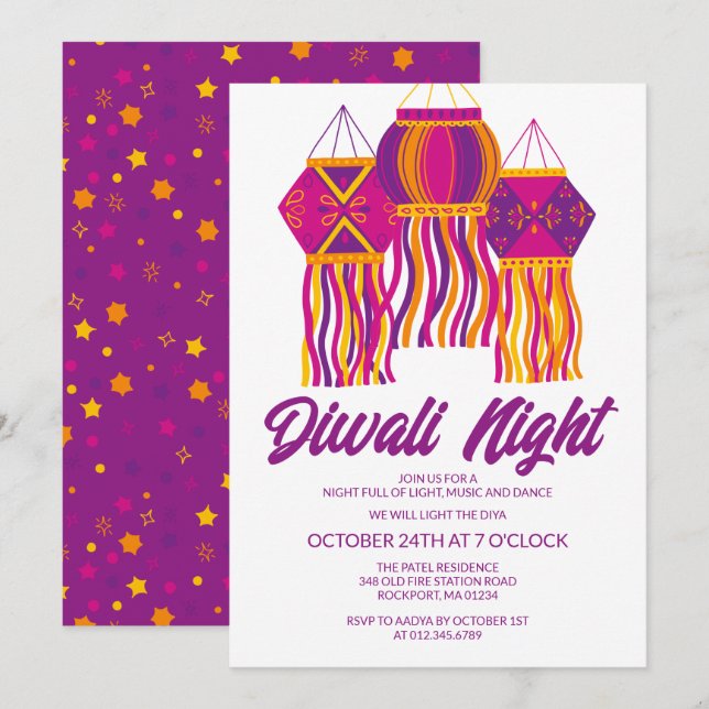 Divali Party Lila Pink Lantern Festival Einladung (Vorne/Hinten)