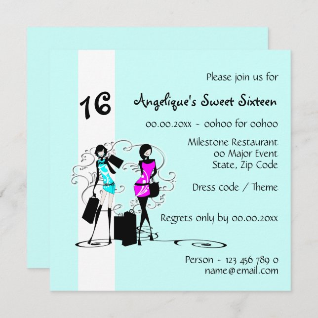 Divamädchen-16. Geburtstag-Modemodell | blauer Einladung (Vorne/Hinten)