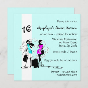 Divamädchen-16. Geburtstag-Modemodell   blauer Einladung