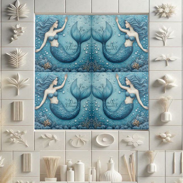 Dive Dream Rise Ocean Mermaid Aqua blue Coral Reef Fliese (Dive Dream Rise Ocean Mermaid Aqua blue Coral Reef Ceramic Tile)