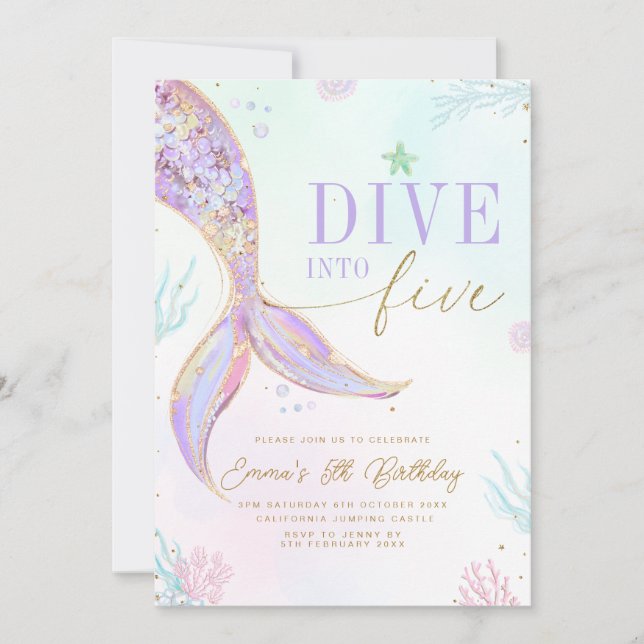 Dive into Five Mermaid Birthday Invitation Editabl Einladung (Vorderseite)