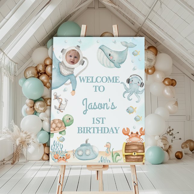 Diver Blue Oneder Sea 1ère Affiche de bienvenue d' (Under The Sea 1st Birthday Welcome Sign, Diver Photo Boys Oneder the Sea 1st Birthday Welcome Sign)