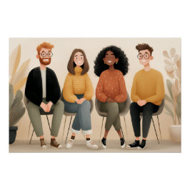 Diverse Friends Sitting Together Cozy Illustration Poster