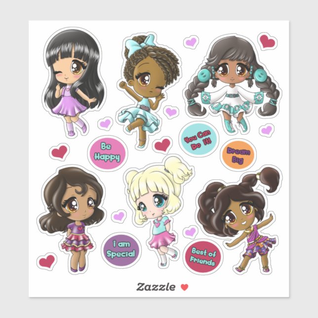 Diverse Girls Anime Friends Aufkleber (Blatt)
