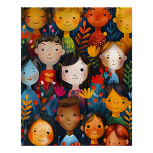 Diverse glückliche Kinder Blumenmuster-Illustratio Poster