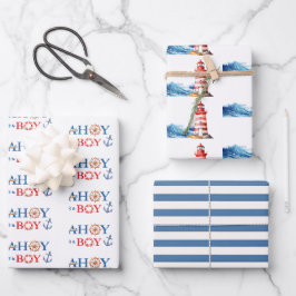 Diverse Nautical Ahoy Boy Lighthouse  Baby Shower Geschenkpapier Set