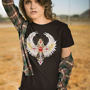 Divine Angel Winged Catholic Silver Cross T-Shirt
