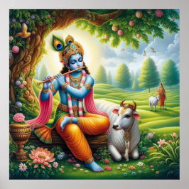 Divine Blue Krishna Flute Art Poster