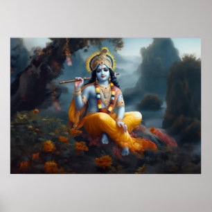Divine Blue Lord Krishna Art Poster