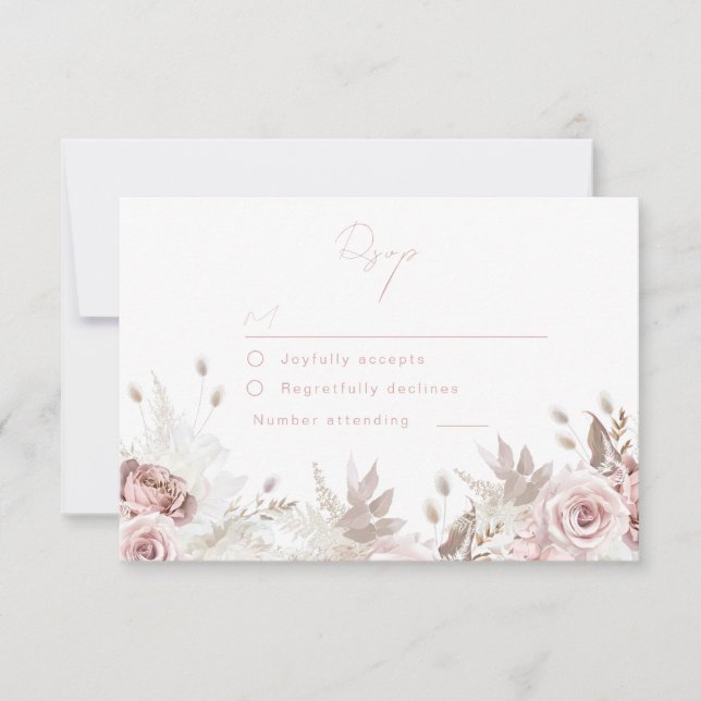 Divine Dusty Rose & Blush Floral Wedding RSVP Karte (Vorderseite)