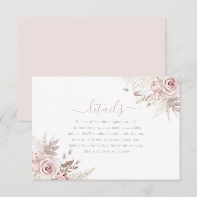 Divine Dusty Rose Blush & Ivory Wedding Details Begleitkarte (Vorne/Hinten)