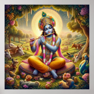 Divine Golden Flute Krishna Art Poster
