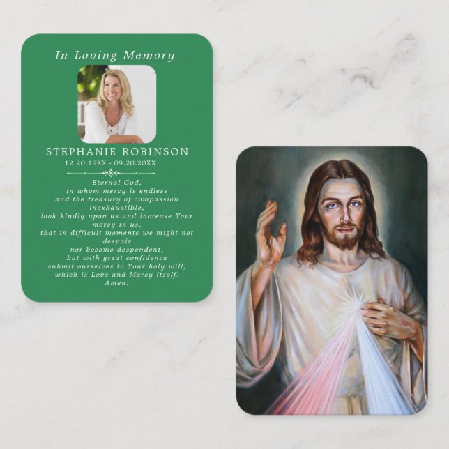 Divine Mercy Catholic Funeral Green Prayer Card Visitenkarte (Vorne/Hinten)