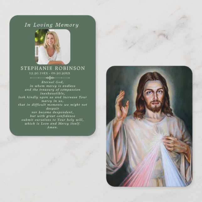 Divine Mercy Catholic Sage Green Prayer Card Visitenkarte (Vorne/Hinten)